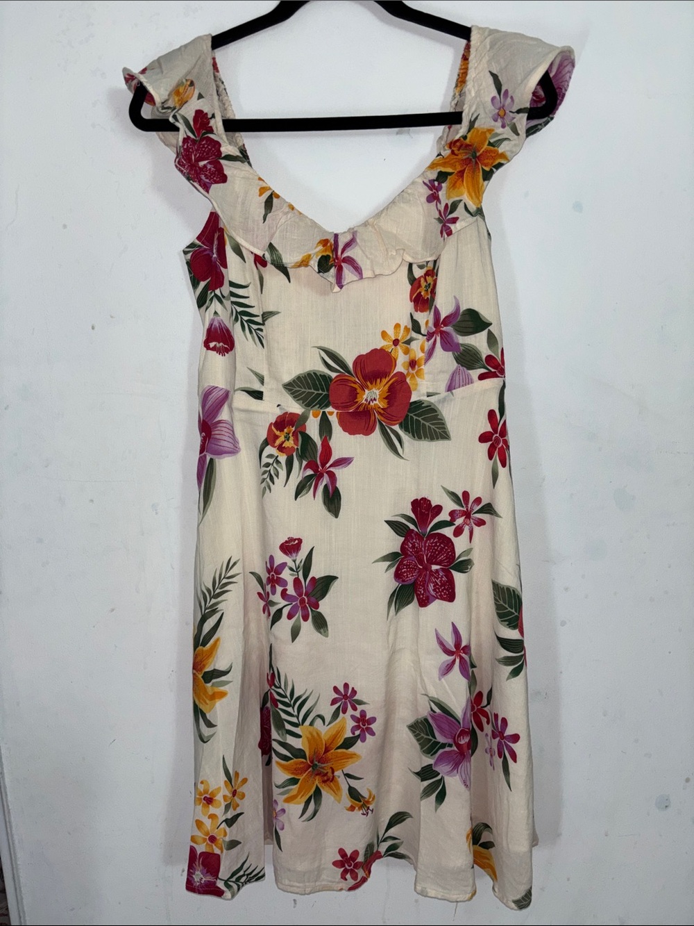 Old Navy Cream Floral Midi Dress with Pink, Red & Yellow Blooms